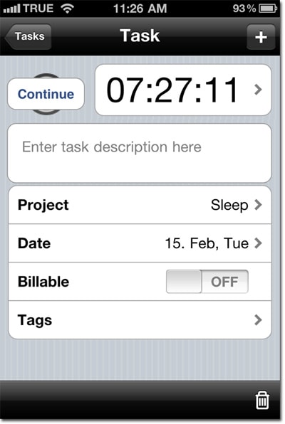 Screenshot of sleep activity with time tracking tool Toggl