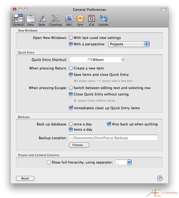 OmniFocus Preferences: General