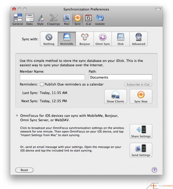 OmniFocus Preferences: Sync