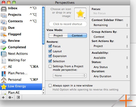 Low Energy perspective in Omnifocus