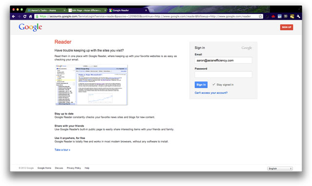 Google Reader Login Screen