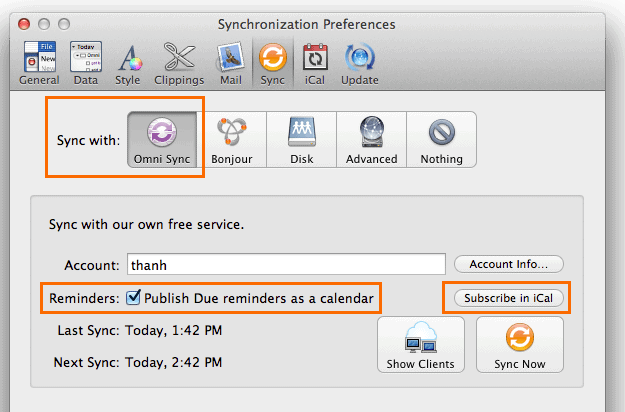 Make sure you use Omni Sync, tick the checkbox and then click on Subscribe in iCal.