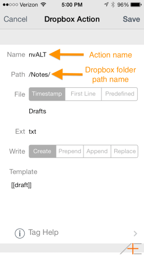 Final Dropbox action settings.