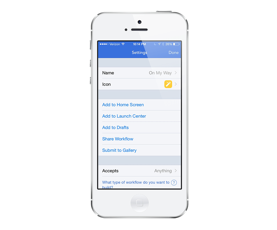 The Settings screen in Workflow