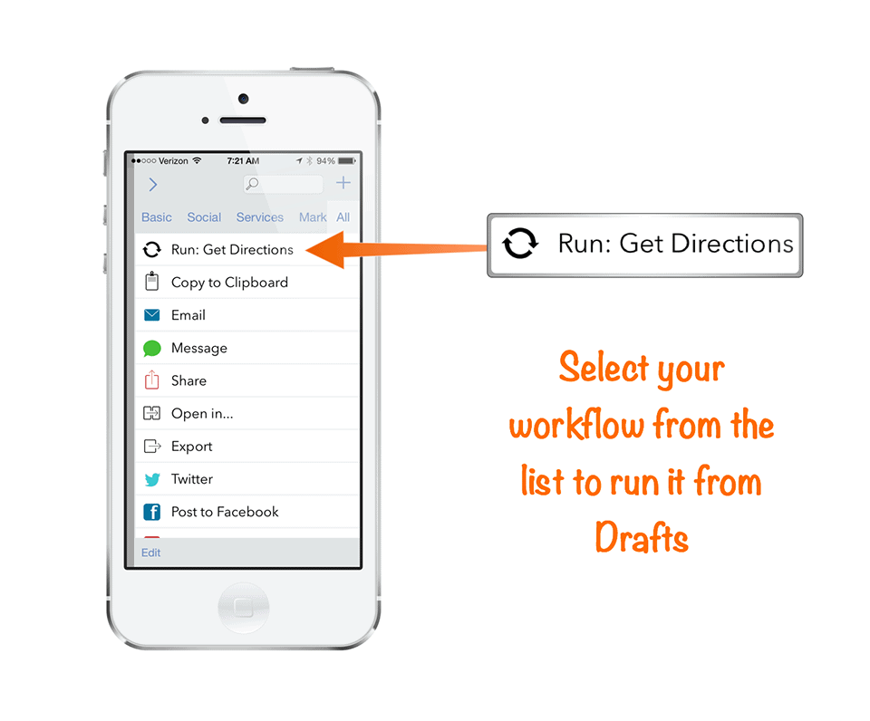 Select workflow action in Drafts