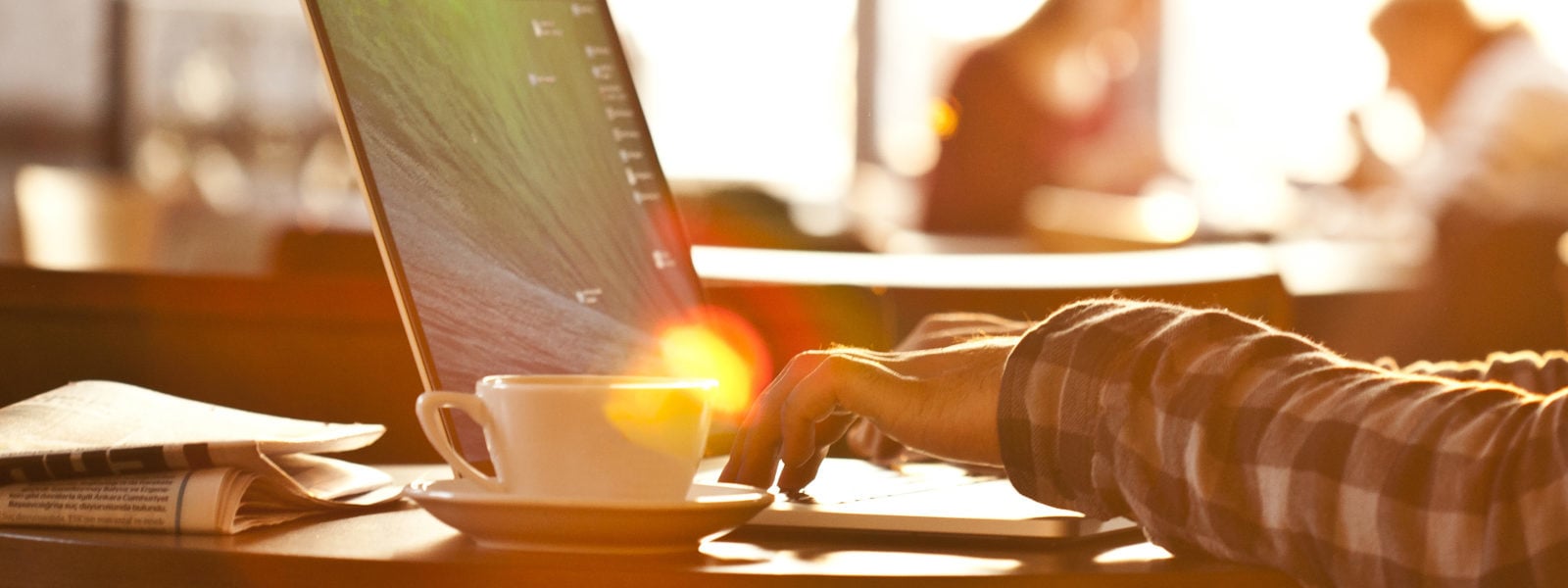 Laptop, hands, sun light