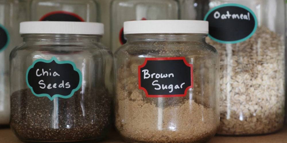 Pantry jars of chia seeds, and brown sugar