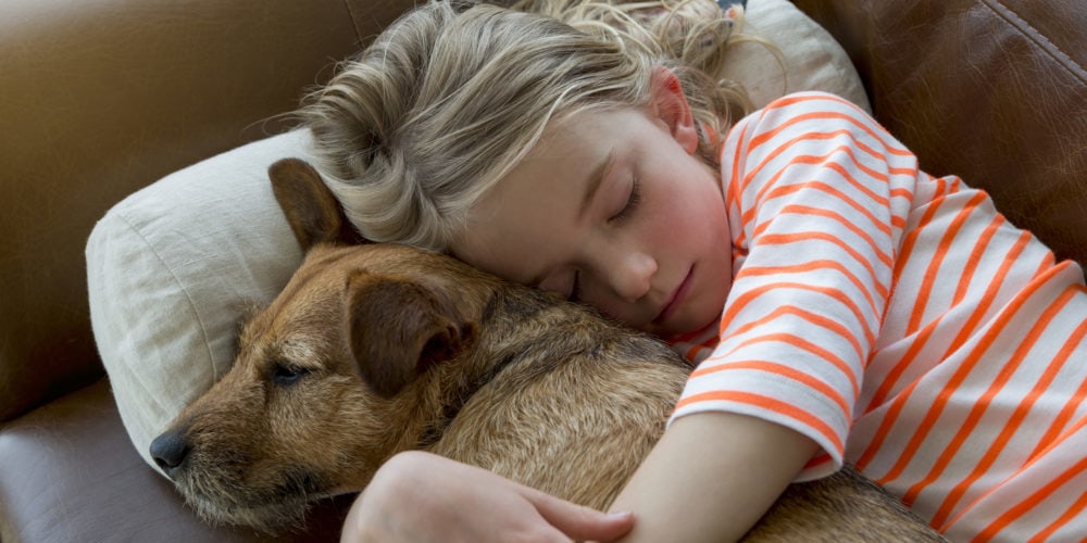Young girl sleeping peacefully with dog