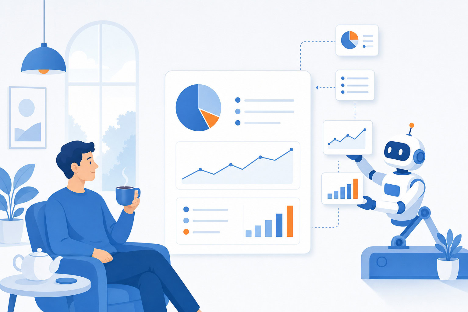 Illustration of a person calmly reviewing a summary card assembled by a robot assistant