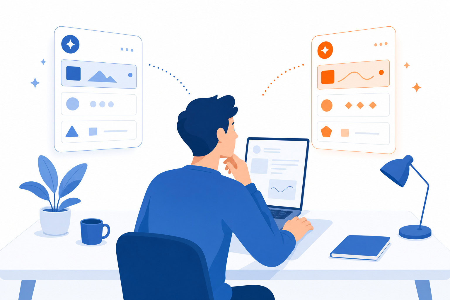 Illustration of a person at a laptop choosing between two AI assistant panels
