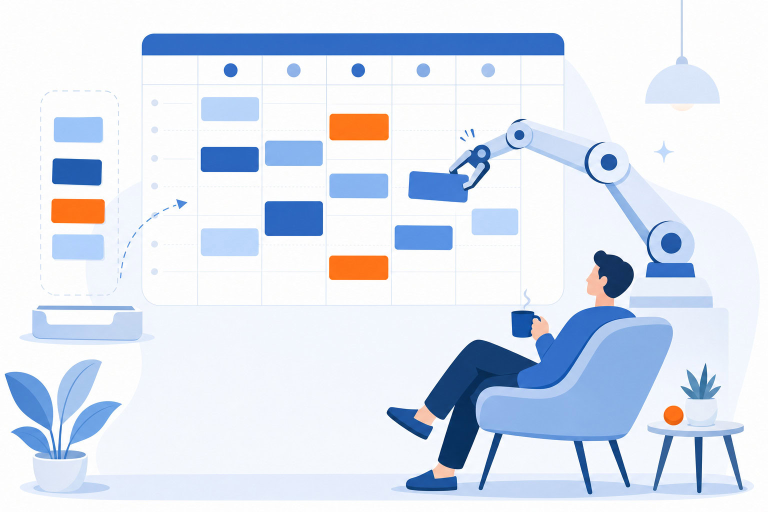 Illustration of a calendar auto-sorting time blocks while a person relaxes