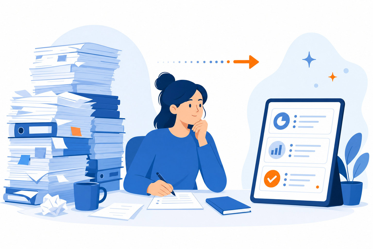 Illustration of a researcher replacing stacks of papers with one organized tablet of summaries