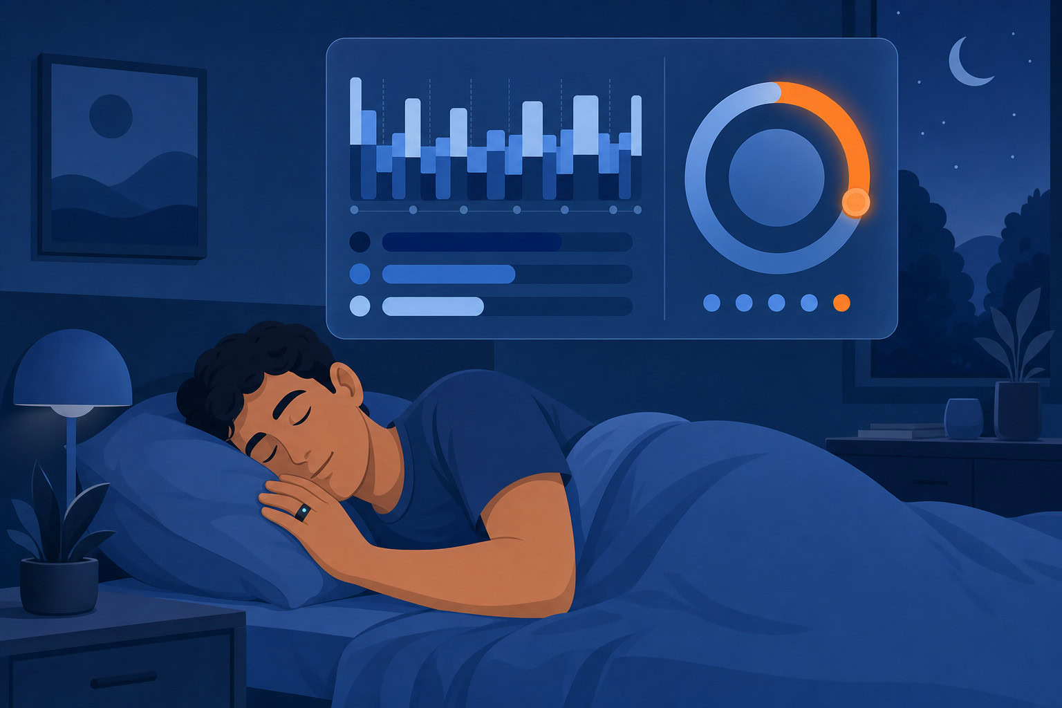 Illustration of a person sleeping while wearing a smart ring, with a floating dashboard showing sleep stages and a readiness score
