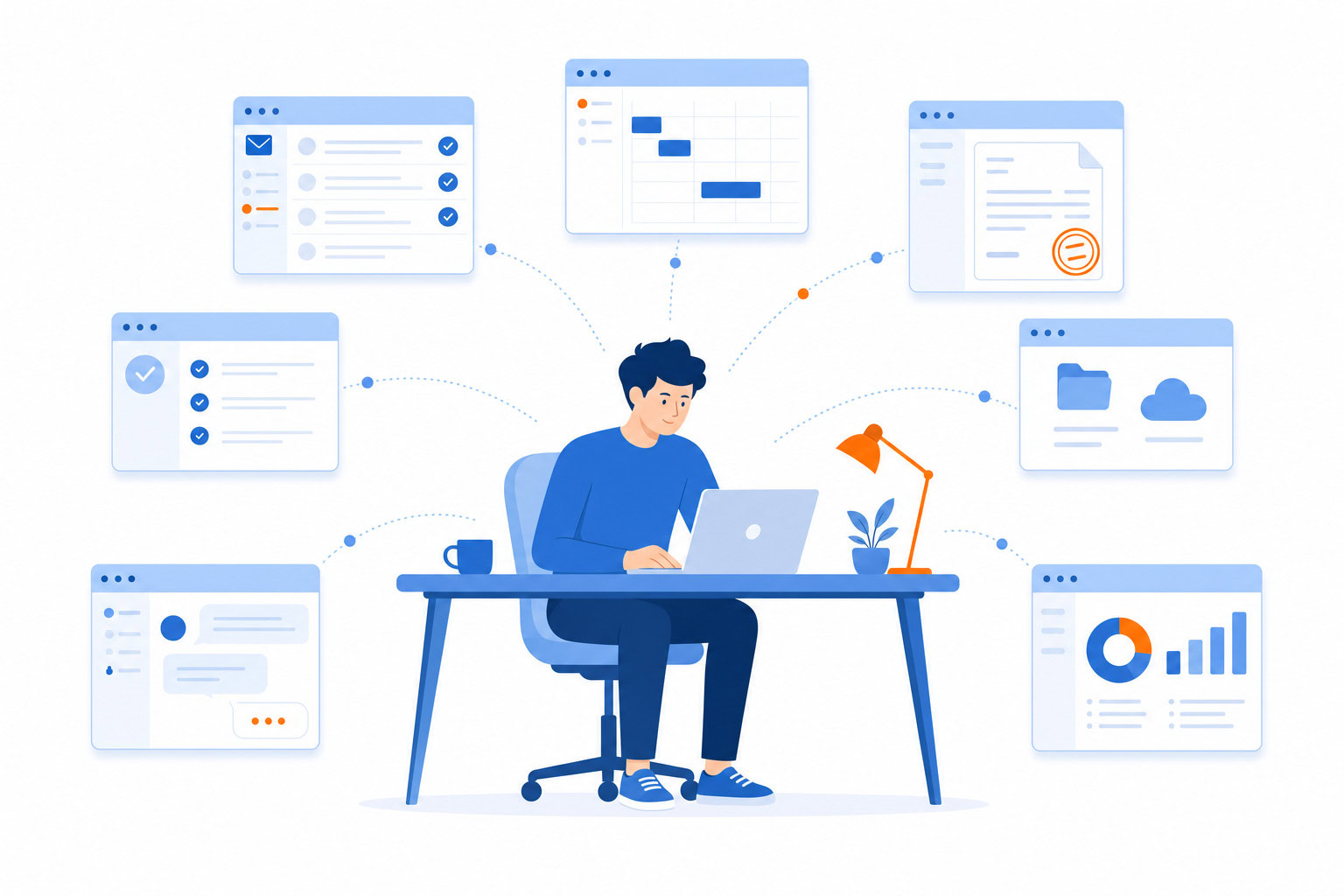 Illustration of a solopreneur focused on one task while app windows work around them